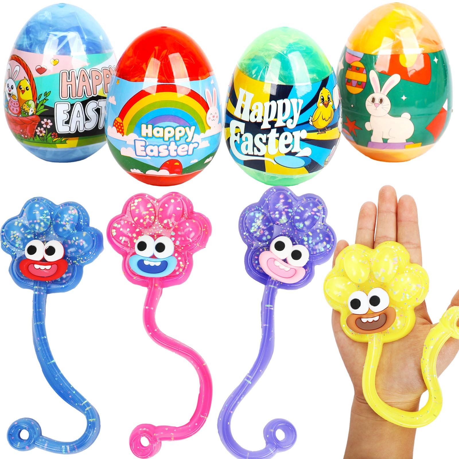 BEIGUO 4 Pack Prefilled Easter Eggs with Large Sticky Hands Toys Inside for Kids Boys Girls Easter Basket Sruffers,Party Favors,Egg Hunts