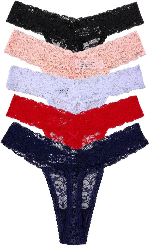 5-Pack Women's Thin Lace Hollowed-Out T-Back Low Waist Ice Silk Sexy Cheeky Thong See-Through Panties
