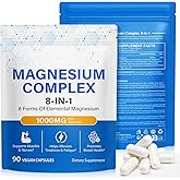 8-in-1 Magnesium Complex Supplement 90 Capsules, 1000mg with Magnesium Glycinate, Citrate, Malate, Taurate, Easy Absorption for Sleep, Muscle Relaxation, Nerve & Heart Health, Energy, Non-GMO, Vegan