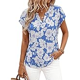PRETTYGARDEN Rolled Short Sleeve Womens Tops Dressy Casual T Shirts Summer Floral V Neck Chiffon Blouses Vacation Outfits