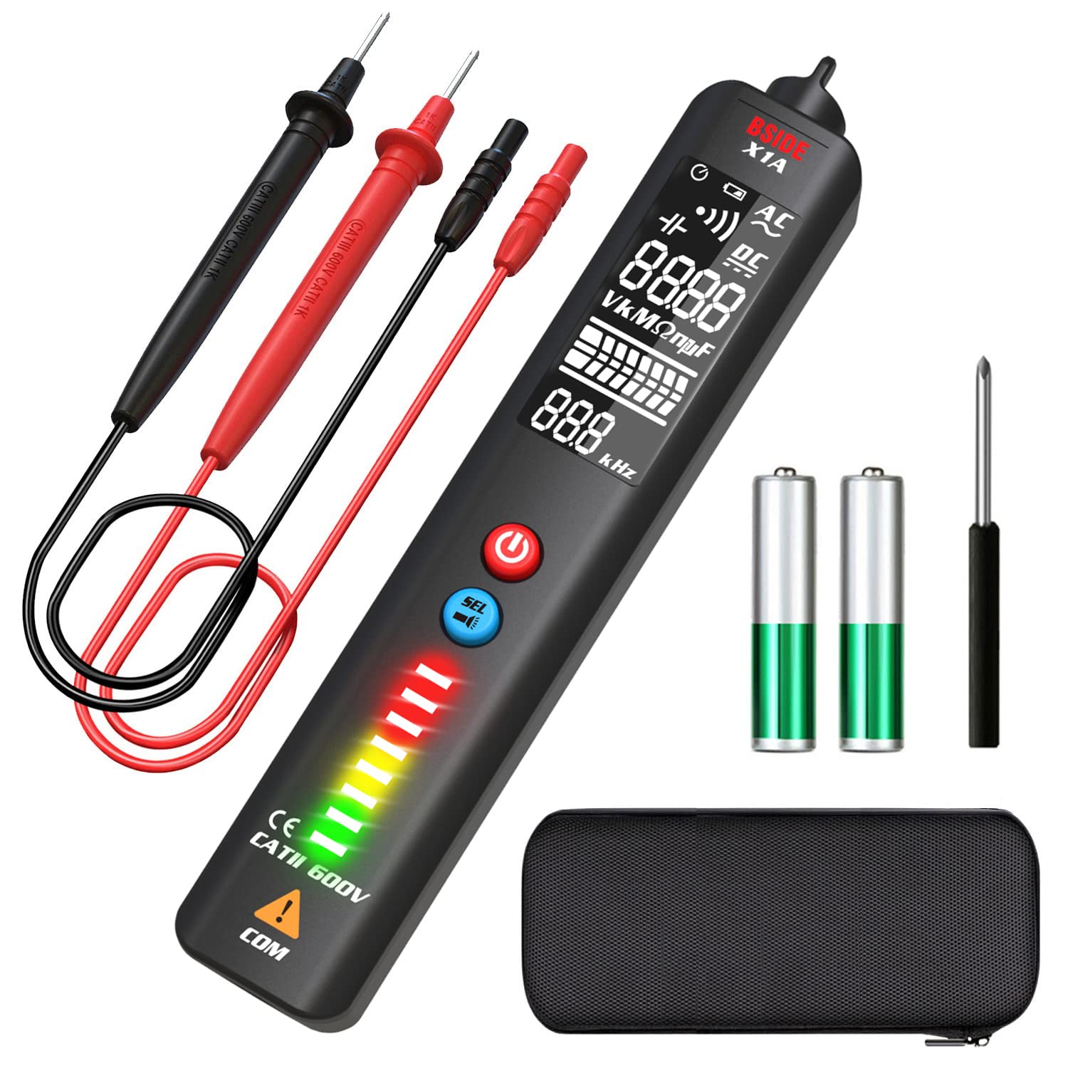 BSIDE Voltage Tester, EBTN LCD 3-Line Display Voltage Detector, Capacitance Test and Adjustable Sensitivity, Non-Contact AC Electricity Sensor Pen Socket Tester Live Wire Checker with Protect Case