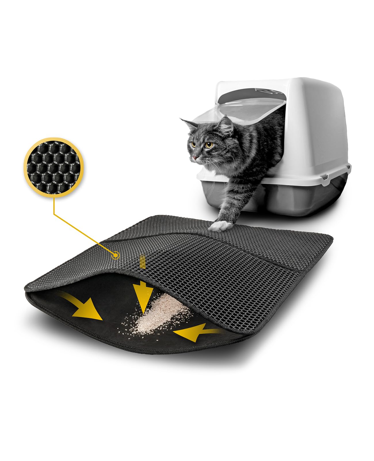 lionto Cat litter mat for litter box with non-slip coating, 61x38x1,3 cm, cat toilet mat waterproof & easy to clean, effective absorption of cat litter in honeycomb design, black