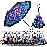 SIEPASA 49/56 Inch Inverted Reverse Upside Down Umbrella, Extra Large Double Canopy Vented Windproof Waterproof Stick Golf Umbrellas with C-shape Handle.