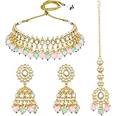 Aheli Kundan Studded Choker Necklace Jhumki Earrings & Maang Tikka Ethnic Fashion Bharatanatyam jewellery set for Women