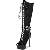 Eldof Women's Knee-High Boots Platform Lace Up High Heeled Stiletto Sexy Boot for Party