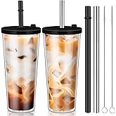 Honeydak 2 Pack Reusable Iced Coffee Cups with Lids and Straws Leakproof Double Wall Insulated Clear Plastic Iced Coffee Tumblers with Straw Brushes (24oz,Black)