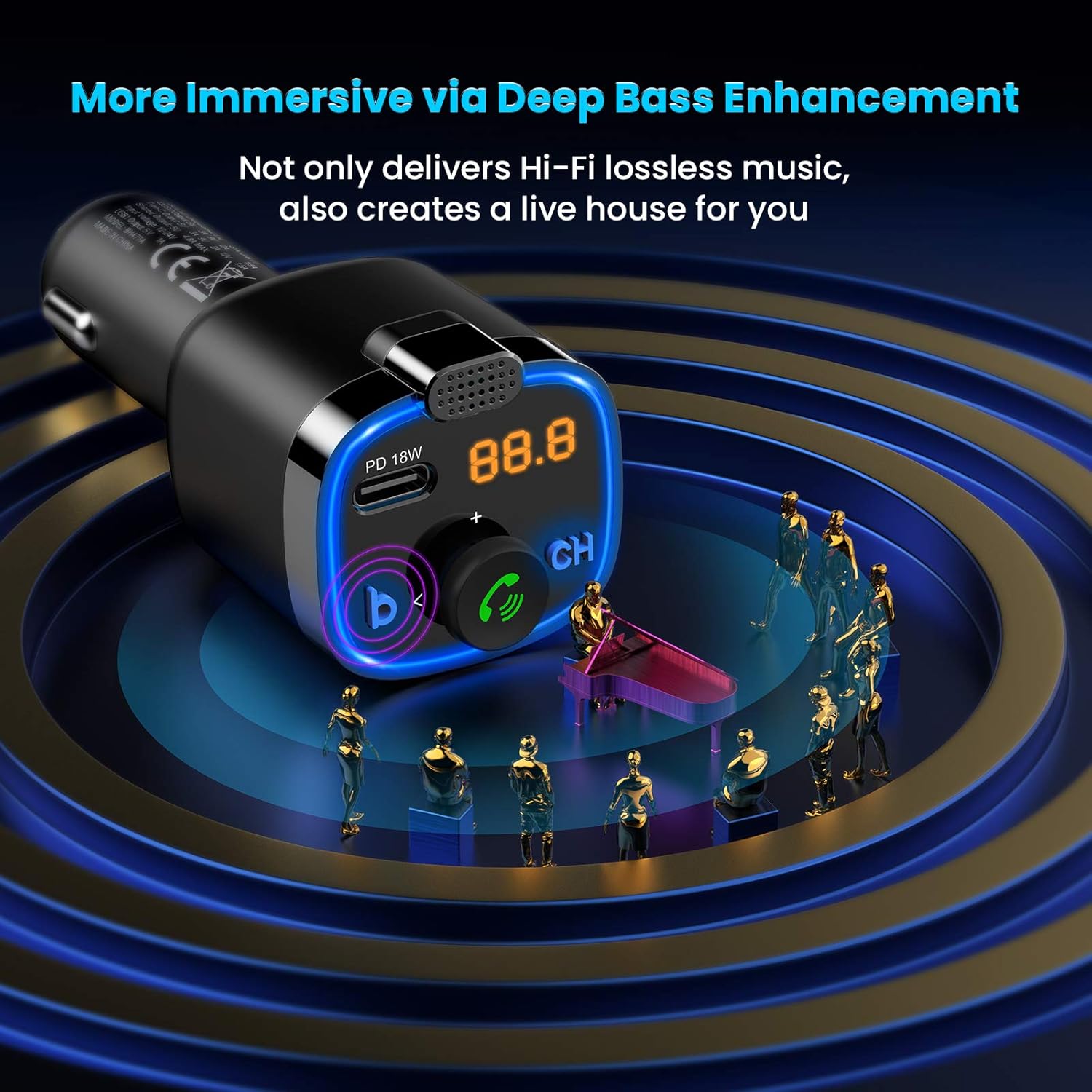 VicTsing(Upgraded Version) V5.0 Bluetooth FM Transmitter for Car, 23W PD+QC3.0 Wireless Bluetooth Car Adapter/Car Kit/Music Player with 3 USB Ports, Bass Model, Hand-Free Calling, Blue LED: Electronics