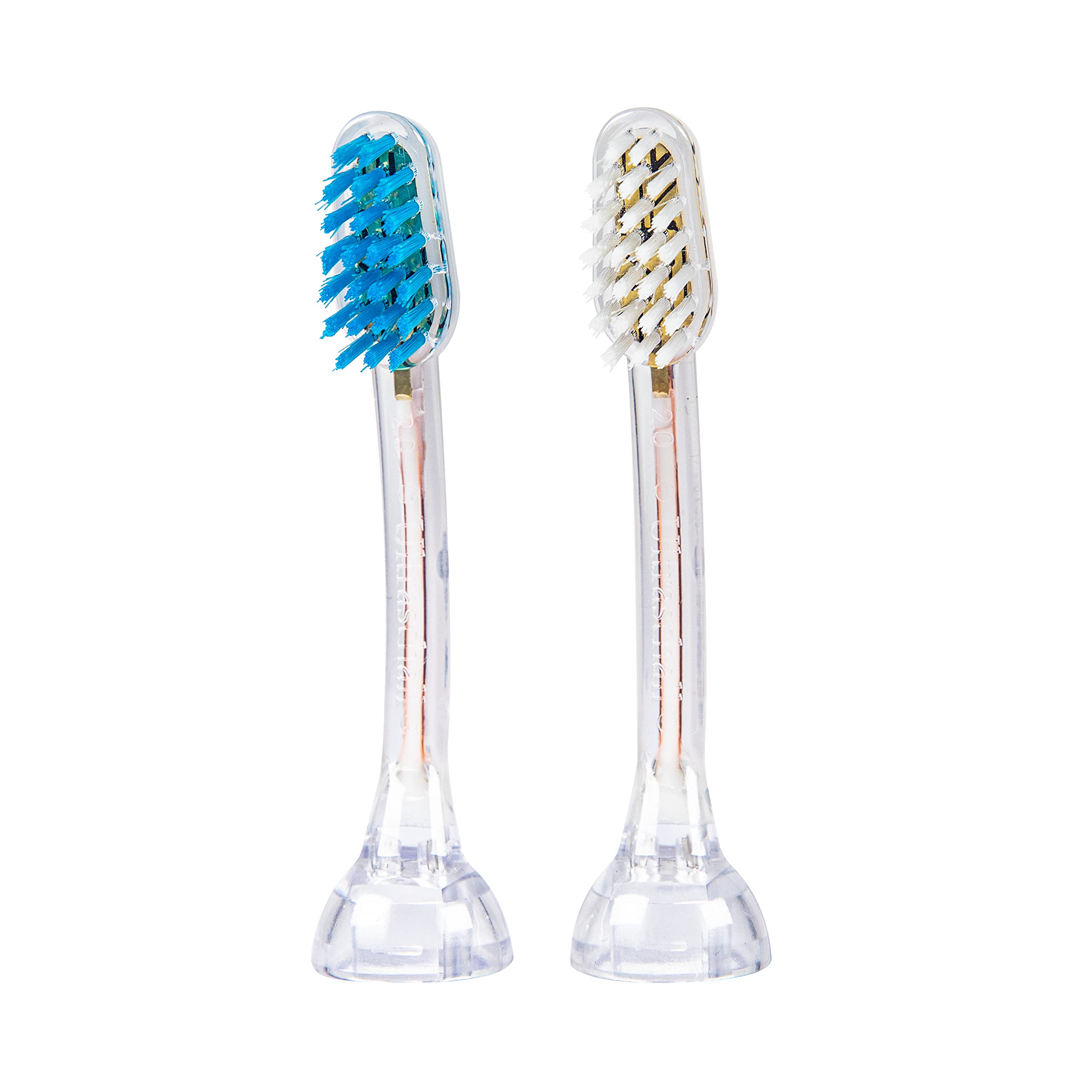 emmi-dent 2X E2 Toothbrush Heads (1x Blue + 1x White) I Standard Shaped Replacement Brushes (Balanced Hardness, Straight Bristles) for All emmi-dent Metallic & Professional Ultrasonic Toothbrushes