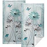 Kwlegh Teal Floral Hand Towels Set of 2 Turquoise Daisy Poppy Flower Butterfly Fingertip Kitchen Towels Rustic Farmhouse Bath Towel Soft Absorbent Cotton Dish Towel for Face,Gym,Spa