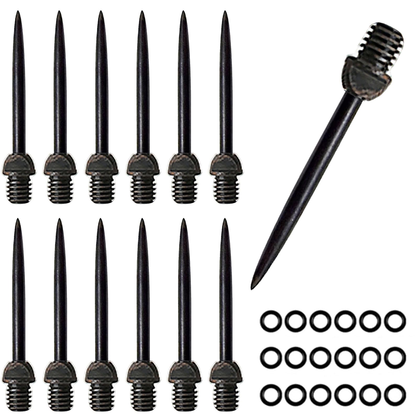 HERZWILD Steel Dart Tips 12pcs + 20pcs Rubber O Rings,Converter Points Adapter Replacement Points Tool (full black)