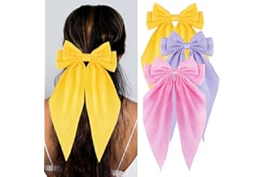 Loqpol 3 PCS Silky Satin Hair Bows, Oversized Long Tail Bows with Barrette Clips, Coquette Hair Accessories for Women and Girls (B.Yellow - Lavender - L.Pink)