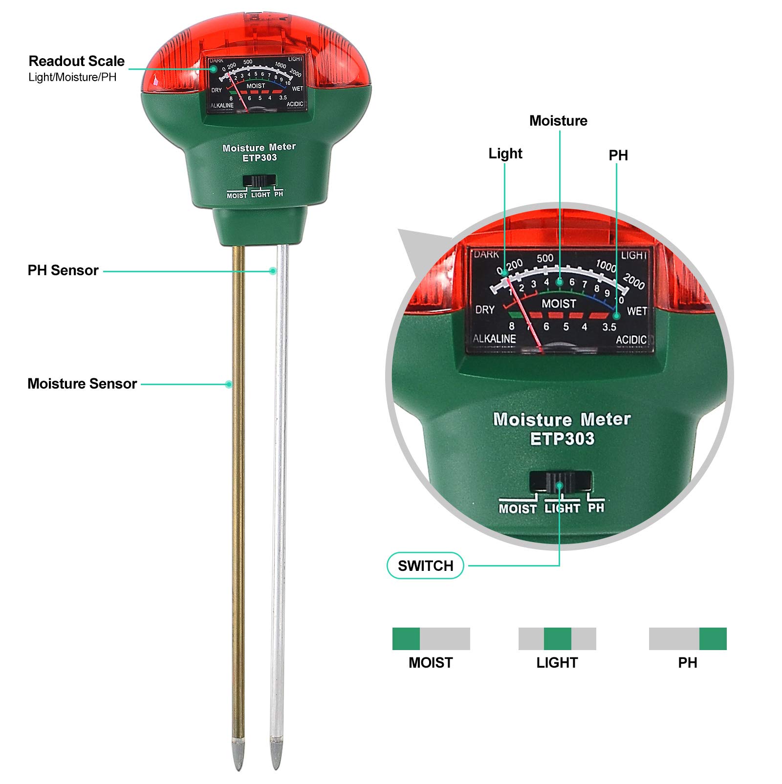 ALLOSUN Soil PH Meter Moist Meter Light Tester Garden Farming Tool
