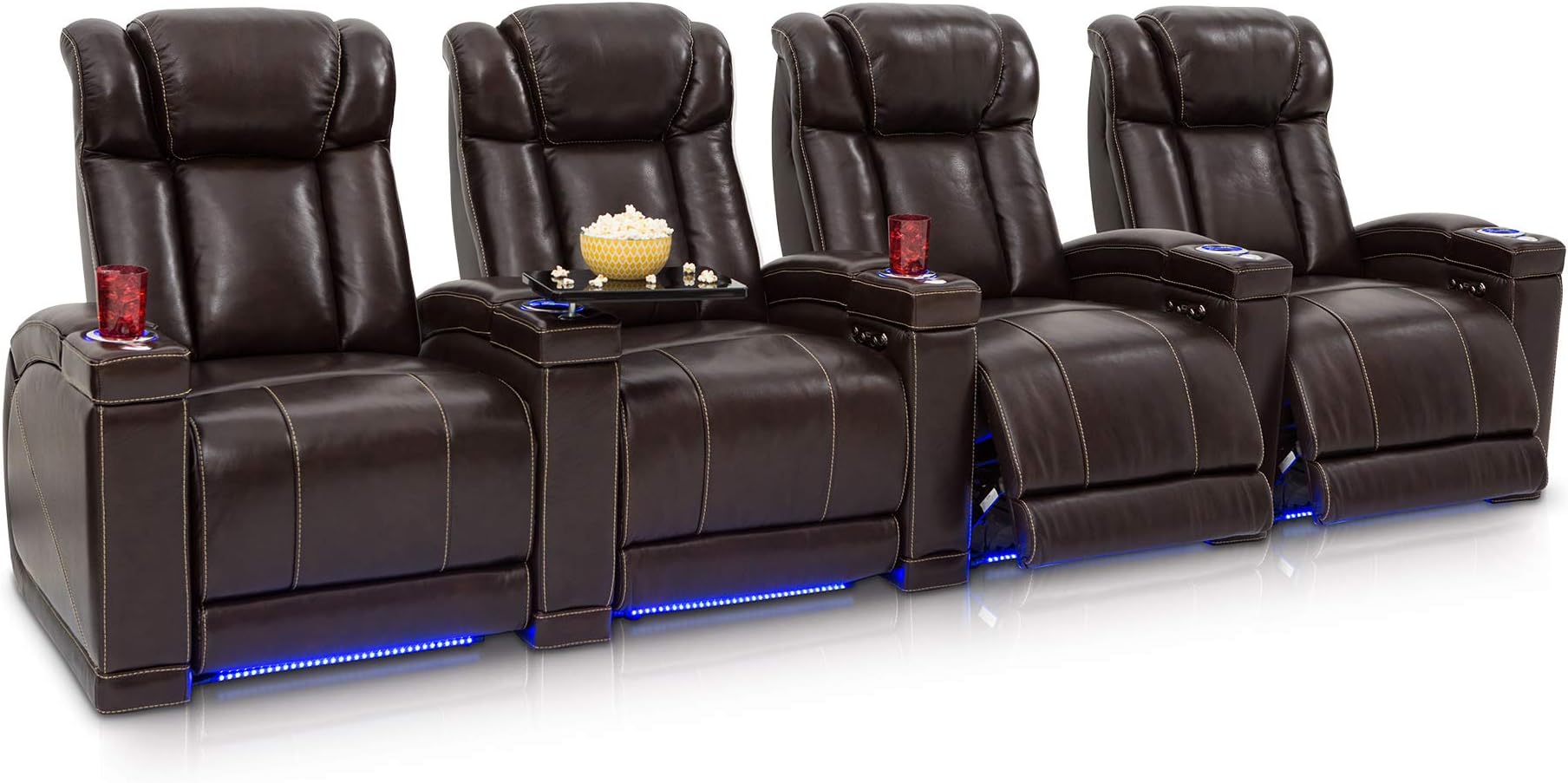 Seatcraft Sierra Home Theater Seating Leather Power Recline, Adjustable Powered Headrests, Hidden In-Arm Storage, USB Charging, Lighted Cup Holders and Base, Row of 4, Brown