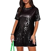 Ophestin Women's Sparkly Sequin T Shirt Dress Short Sleeve Crewneck Tie Backless Glitter Party Club Dresses