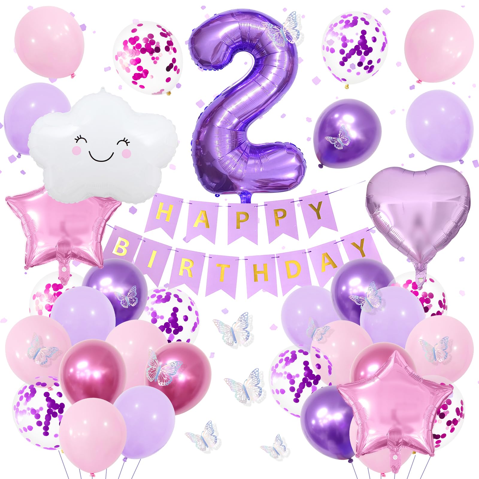 2nd Purple Birthday Decorations for Girls, Pink Purple Party Decor with Number 2 Balloon, Butterfly Stickers, White Cloud Balloon, Star & Heart Foil Balloons, Birthday Banner Party Supplies