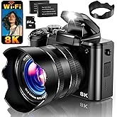 8K Digital Camera, 88MP WiFi Cameras for Photography with 3.2" Touchscreen, 16X Zoom Autofocus Vlogging Camera for YouTube Video, Anti-Shake, Dual Camera, 2 Batteries, 64GB Card, Flash, Lens Hood