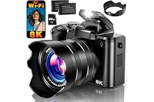 TOBERTO 8K Digital Camera, 88MP WiFi Cameras for Photography with 3.2" Touchscreen, 16X Zoom Autofocus Vlogging Camera for YouTube Video, Anti-Shake, Dual Camera, 2 Batteries, 64GB Card, Flash, Lens Hood