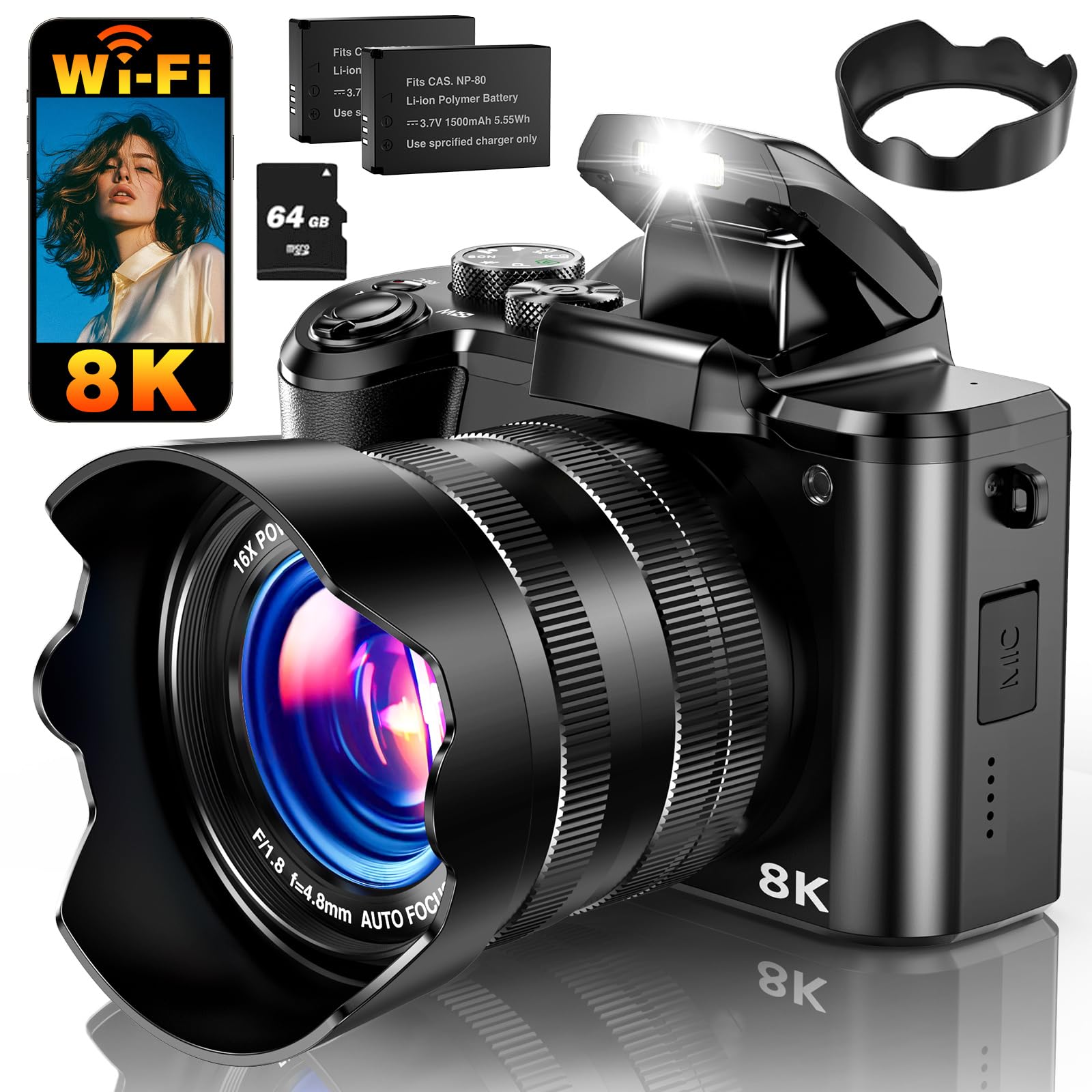 Photo 1 of 8K Digital Camera, 88MP WiFi Cameras for Photography with 3.2" Touchscreen, 16X Zoom Autofocus Vlogging Camera for YouTube Video, Anti-Shake, Dual Camera, 2 Batteries, 64GB Card, Flash, Lens Hood
