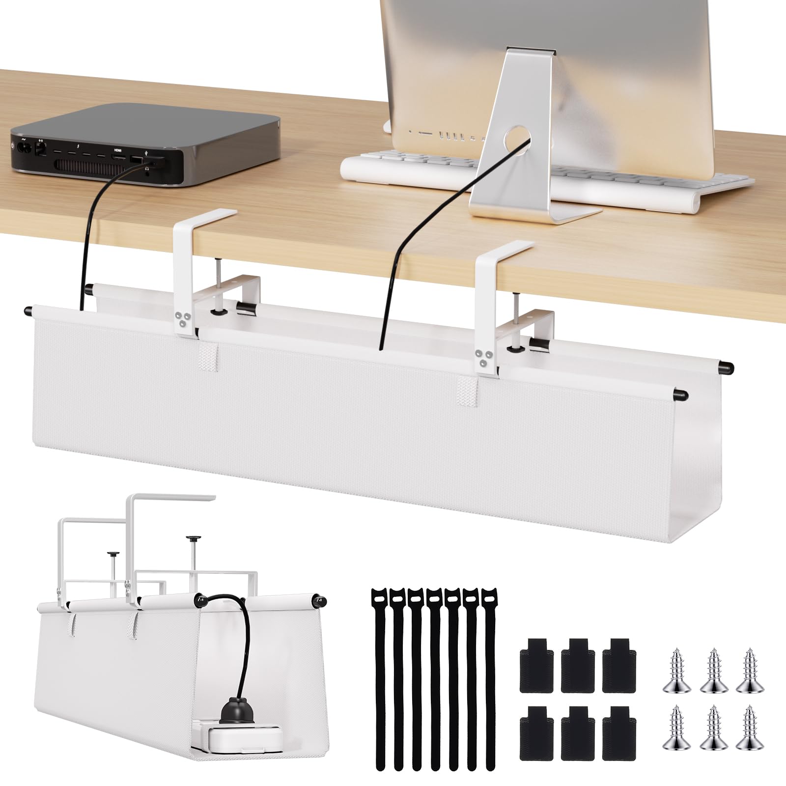 Photo 1 of Under Desk Cable Management Tray - 28" Cord Organizer for Desk No Drill, Fabric Under Table Wire Organizer with 16X Cable Ties Hide for Office/Home, Cord Hider Fits Adapters & Sockets, White