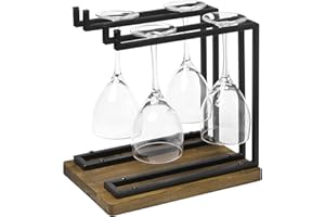 MyGift Industrial Metal Wine Glass Rack Holder Stand with 2 Hanger Bars and Rustic Wooden Base, Countertop Hanging Stemware H
