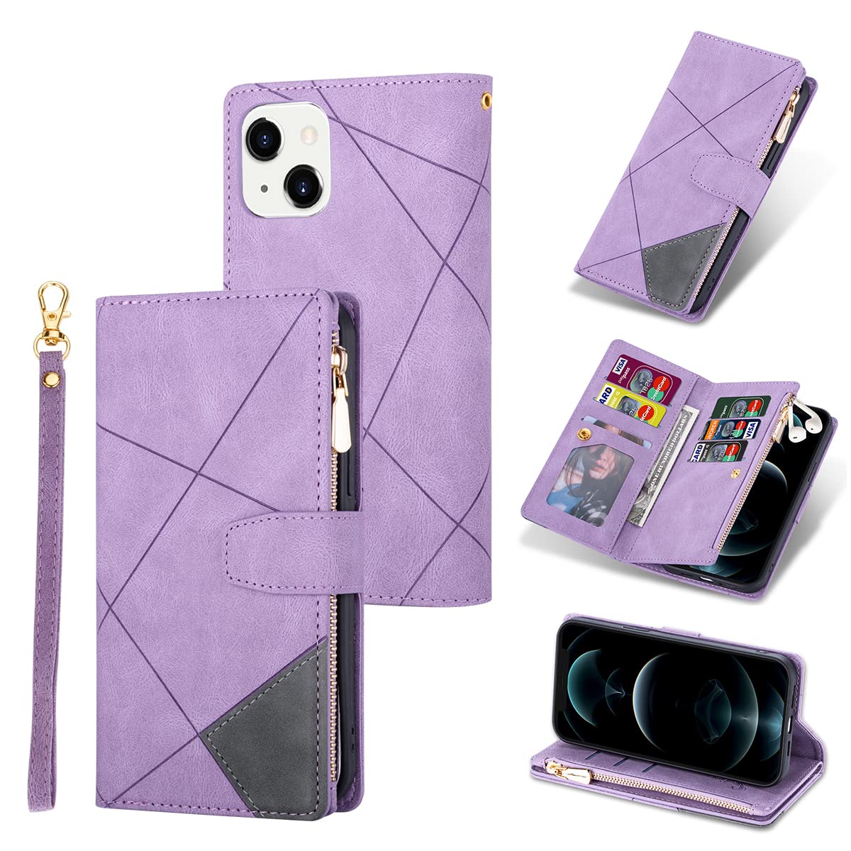 UEEBAI Wallet Case for iPhone 14 6.1 inch, Vintage Premium PU Leather Cover Flip Case with Card Slots Magnetic Closure Zipper Pocket Kickstand Handbag with Hand Strap - Purple