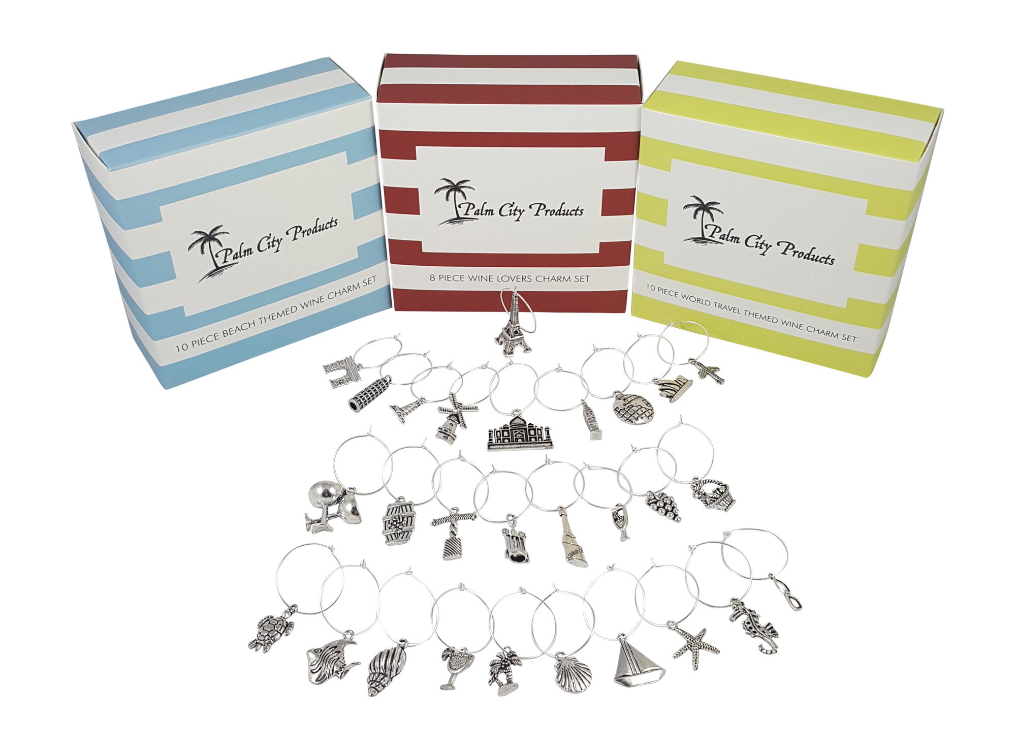 Deluxe Wine Charm Set – 28 Pieces Total includes Beach, Wine Lover, and World Traveler Themes