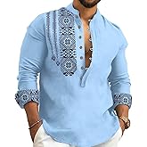 Kubsid Mens Henley Shirts Casual T Shirt Long Sleeve Banded Collar Button Down Vintage Beach Tops