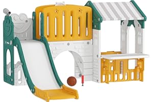 Qaba 7-in-1 Toddler Slide with Playhouse, Kids Slide Climber Playset with Basketball Hoop and Tunnel for Age 1-4 Years Indoor