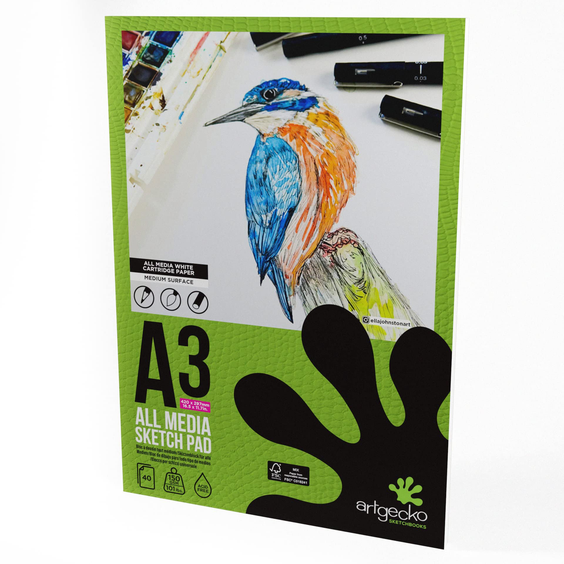 Artgecko Pro Mixed Media Sketch Pad A3-40 Sheets 150gsm White Cartridge Paper