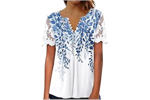 ATTINE Dress Shirts for Women, Womens Fold Floral Printed Button Tunic Blouses Short Sleeve Vest V-Neck Birthday Gifts Cami