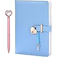JEWPHX Heart Shaped Lock Diary with Key&Heart Diamond Pen,PU Leather Cover,A5,Journal Secret Notebook Gift for Women Girls (A5(8.5"*5.7"), Blue)