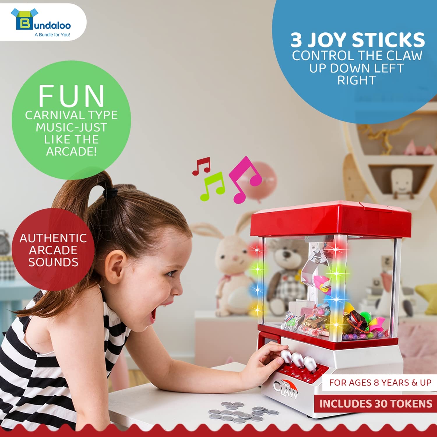 Bundaloo Claw Machine Arcade Game with Sound, Cool Fun Mini Candy Grabber Prize Dispenser Vending Toy for Kids, Boys & Girls (W/Flashing Lights)