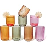 WeirdUncle Set of 8 Dopamine-colored-match Ribbed Glassware,4 Highball Glasses 14oz & 4 Rocks Drinking Glasses 9oz, Origami Style, Fluted Design, for Daily use, Water, Cocktail, Whiskey, Kitchen, Gift