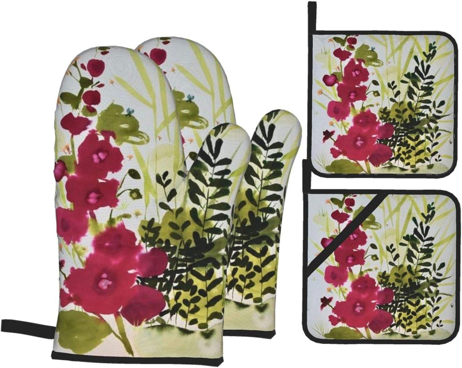 Lebenzat Oven Mitts and Pot Holders 4pcs Set,Food Safe-Ink Flowers and Plants Baking Gloves with Soft Inner Lining,Waterproof Polyester Oven Gloves for Kitchen,Baking,Cooking,BBQ