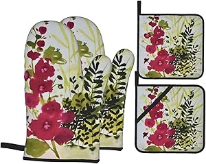 Lebenzat Oven Mitts and Pot Holders 4pcs Set,Food Safe-Ink Flowers and Plants Baking Gloves with Soft Inner Lining,Waterproof Polyester Oven Gloves for Kitchen,Baking,Cooking,BBQ