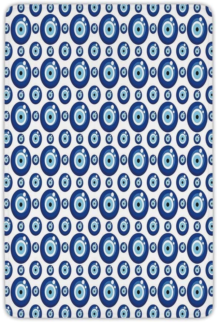 Bathroom Bath Rug Kitchen Floor Mat Carpet,Evil Eye,Symmetrical Pattern All Seeing Eye Figures Superstitious Turkish Ethnic Decorative,Blue Pale Blue White,Flannel Microfiber Non-slip Soft Absorbent
