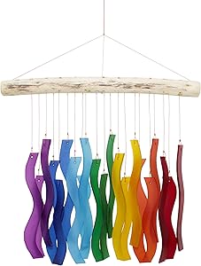 Cohasset Tumbled Glass Wind Chime - Rainbow Wave Design - Recycled Glass and Driftwood - LGBTQ Pride, Yard/Garden Art, Chakras, Mobile, Window Art