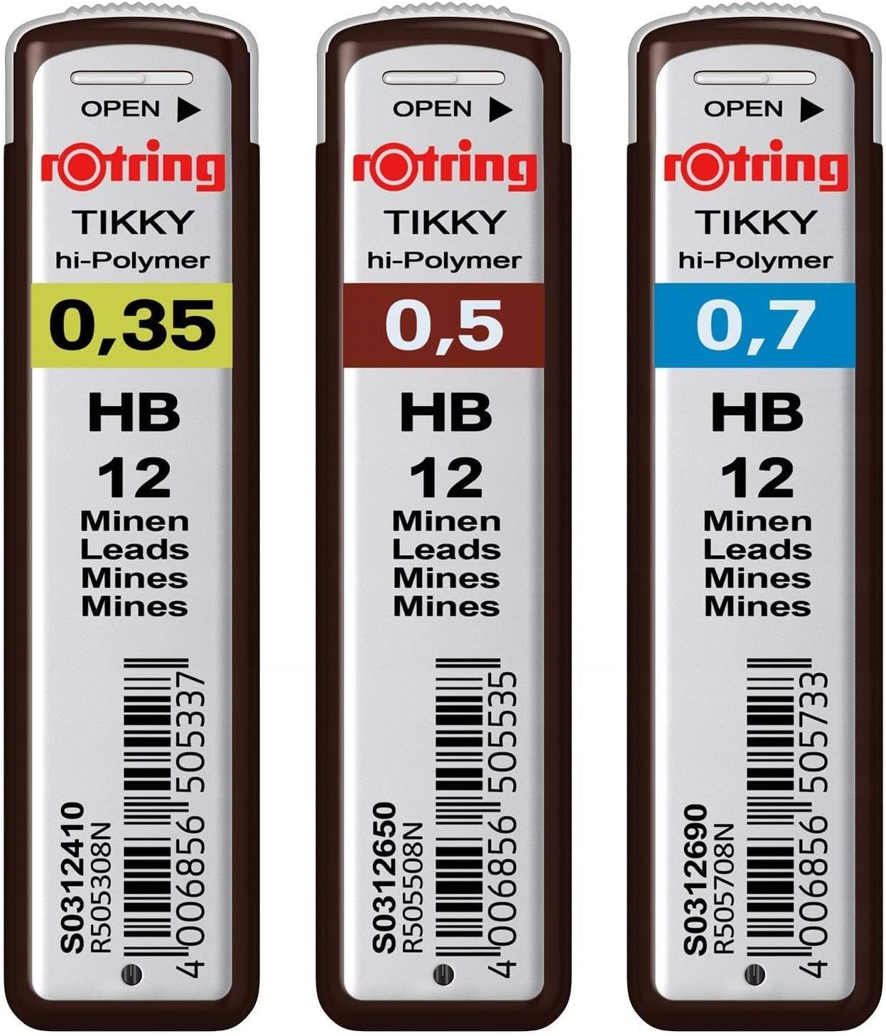 rOtring Hi-Polymer Lead Set of 3 Packs of 12 Leads| 0.35 mm, 0.50 mm 0.70 mm| Hardness: HB