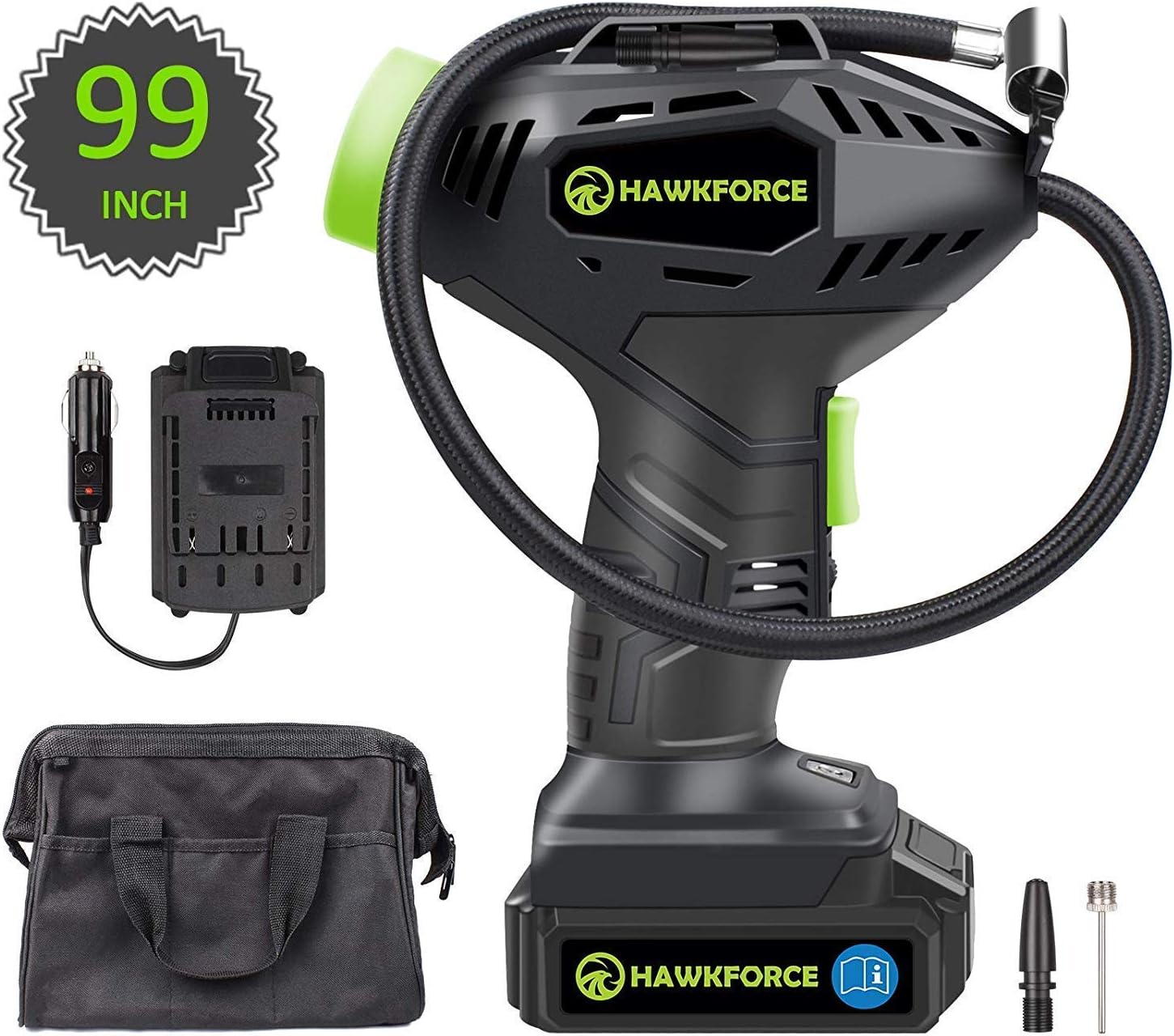 HAWKFORCE Tire Inflator Air Compressor, Cordless Portable Car Tire Air Pump with Easy to Read Digital Pressure Gauge, Built-in LED Light, Long Length 99 Inches Car Charger,Tool Bag.