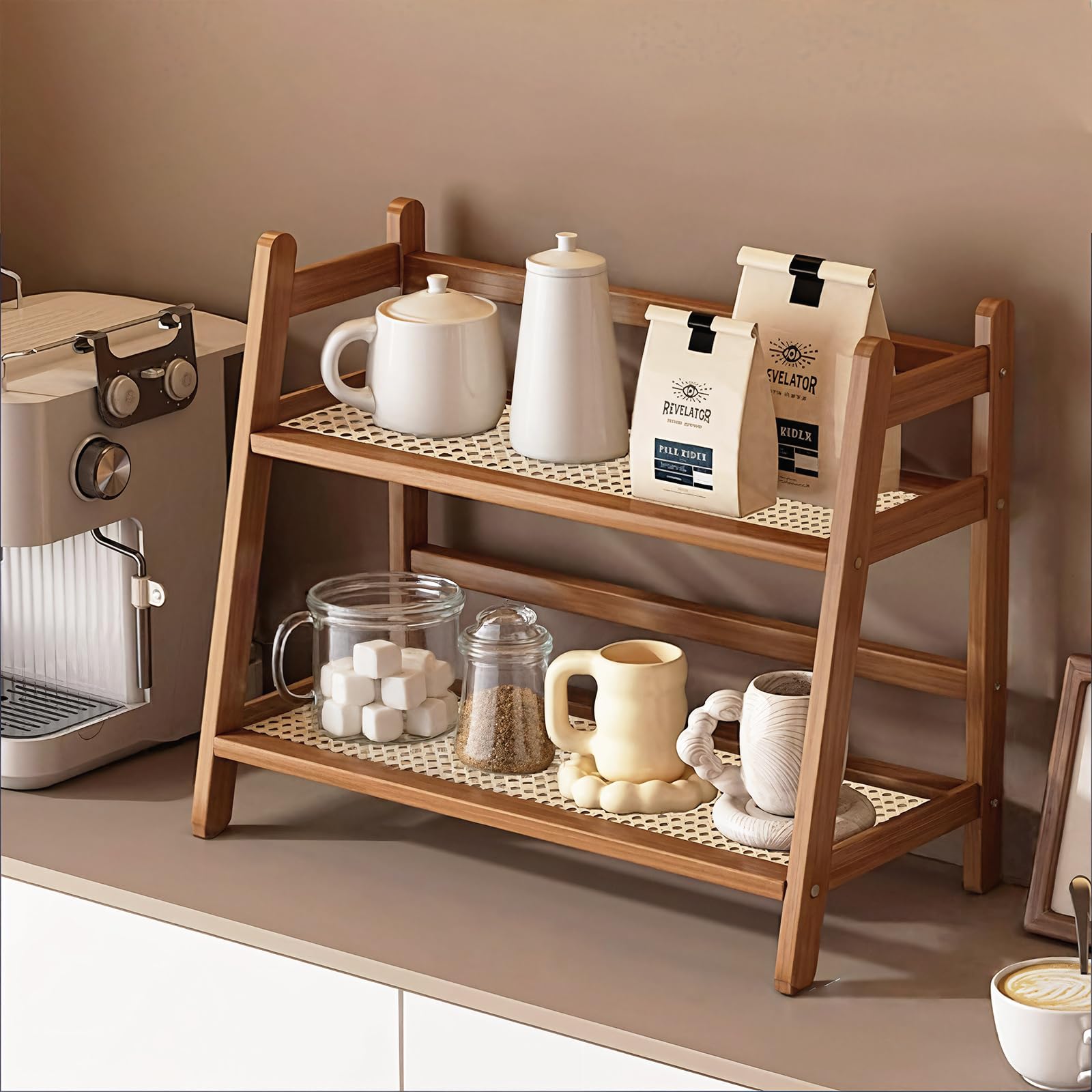 Photo 1 of D-werack Wicker-Look Coffee Station Organizer, Bamboo Mug Holder Countertop, Kitchen Counter Shelf for Tea Coffee Bar Accessories, Matcha Stand, Cup Display, Condiment Storage Rack, 2 Tier, Brown