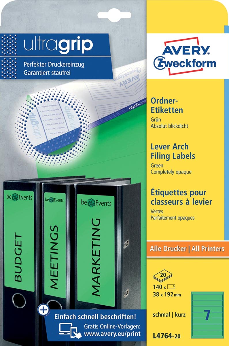 Avery Zweckform, L4764-20, Filing Labels, 20 Sheets, for Slim Ring Binders, like Leitz, Elba, Esselte, Mehle, Herlitz, Bene, 192 x 38 mm