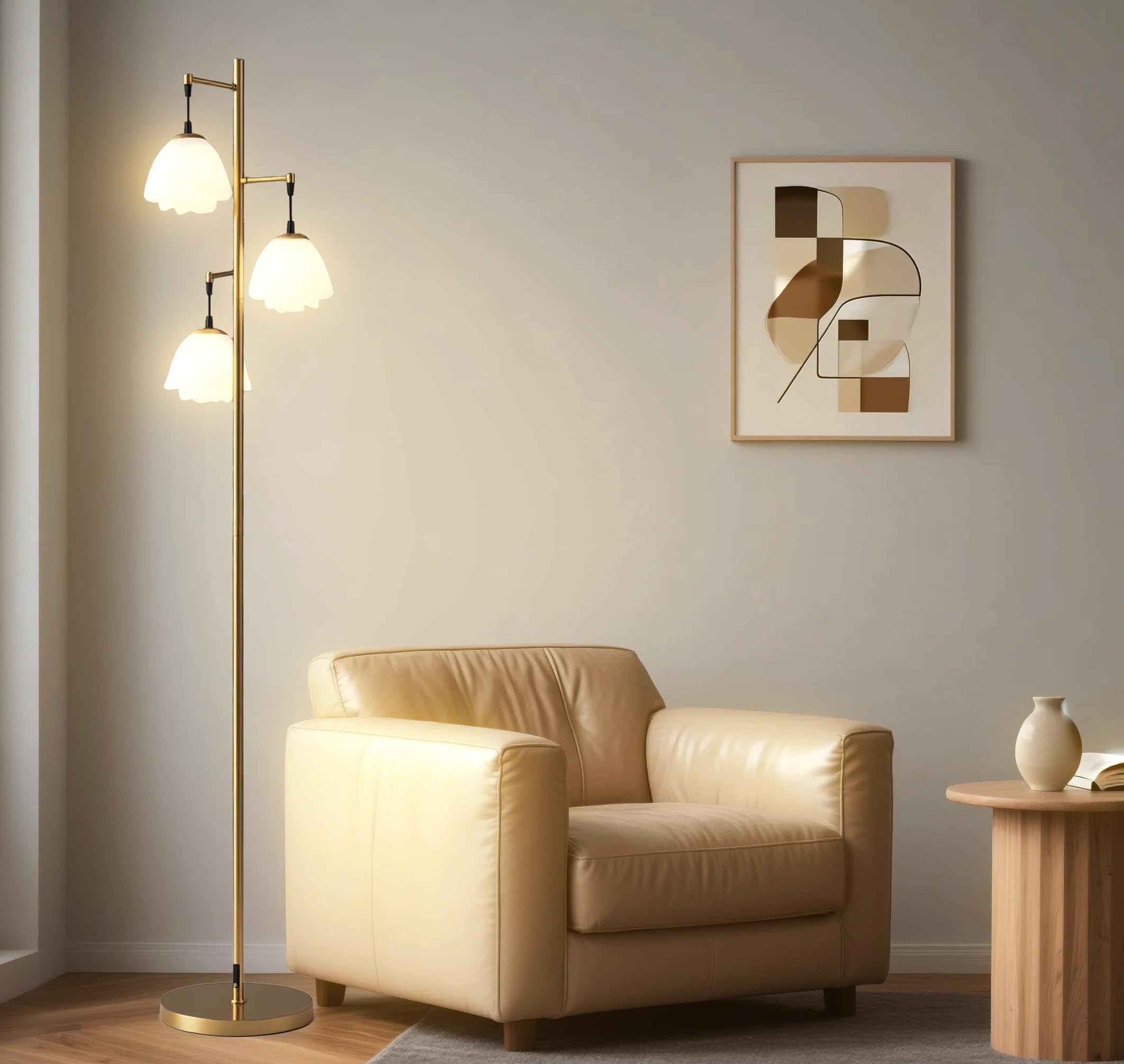 Photo 1 of Fiqevs Flower Floor Lamp for Living Room, Vintage Floor Lamp with 3 LED Bulbs, 3 Light Mid Century Standing Lamp with Acrylic Shade, Floral Tall Lamp for Bedroom Office - Antique Brass
