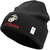 Marine Veteran Logo Embroidered 12 Inch Solid Knit Cuff Long Beanie Made in USA