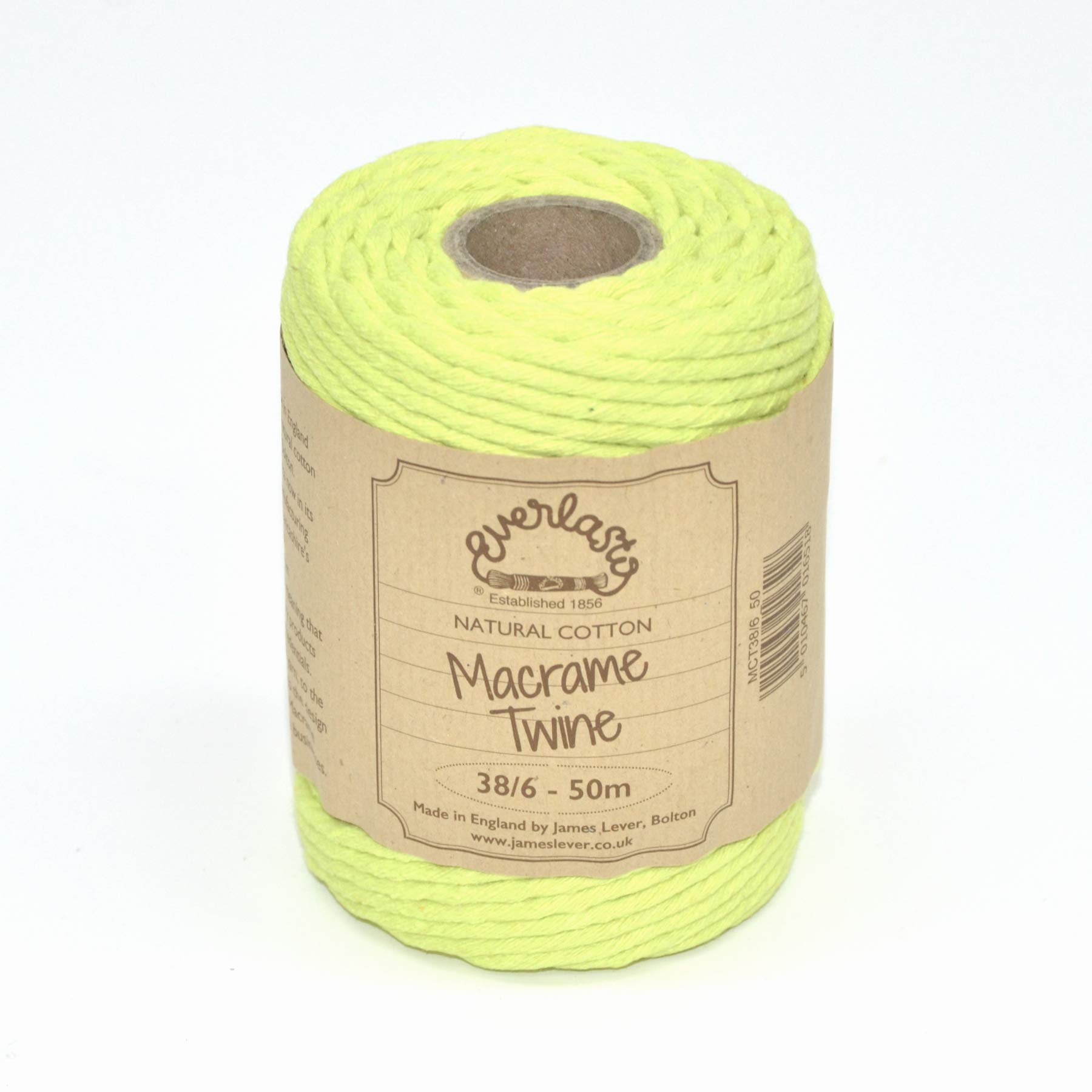 50M Spools - Everlasto Single Twist Soft Cotton Coloured Macrame Craft Twine 38/6 (4mm approx) (Spring Green)