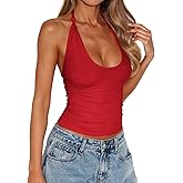 Yousify Halter Tops for Women Sexy Deep Scoop Neck Tank Top Y2k Going Out Fitted Backless Sleeveless Summer Tops