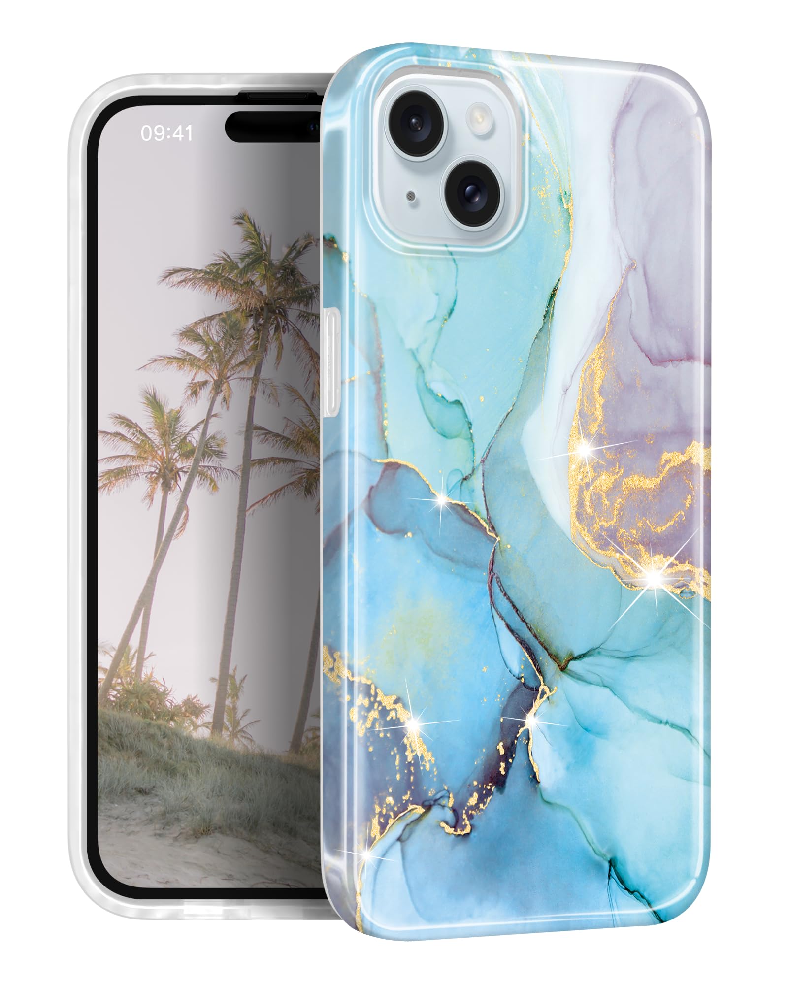 JIAXIUFEN Compatible with iPhone 15 Case Gold Sparkle Glitter Marble Design Shockproof Protective Slim Soft TPU Silicone Cover Phone Case 6.1" 2023 Mint Purple