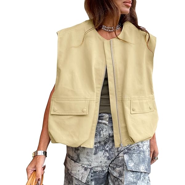 Tankaneo Womens Casual Zip Up Vest Cargo Oversized Ruched