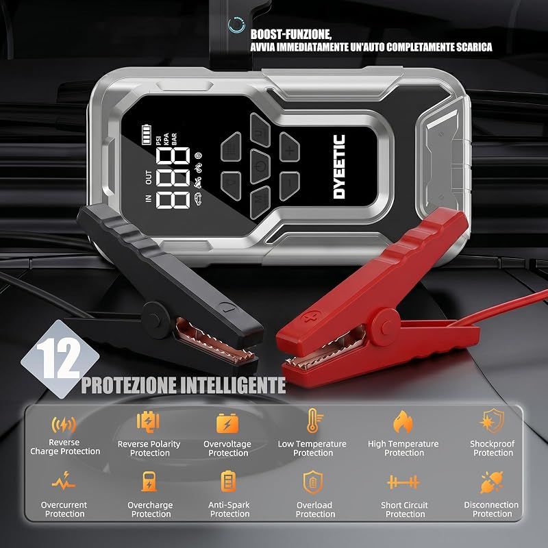 Avviatore Batteria Auto 8000A con Compressore 150PSI, Booster Avviamento per 12V Auto/Motor (All GAS e 12.0L Diesel), Jump Starter Power Bank Avviatore Emergenza con Torcia, Cavi di Avviamento