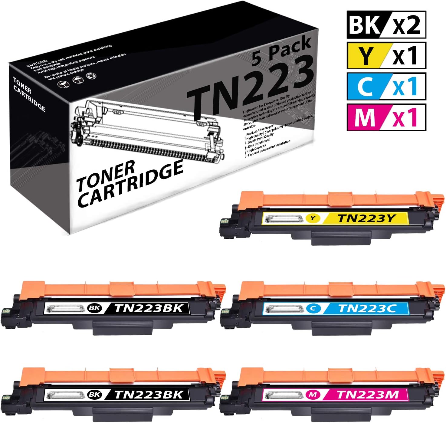 TN223(5 Pack2K+1C+1M+1Y) Compatible Toner Cartridge