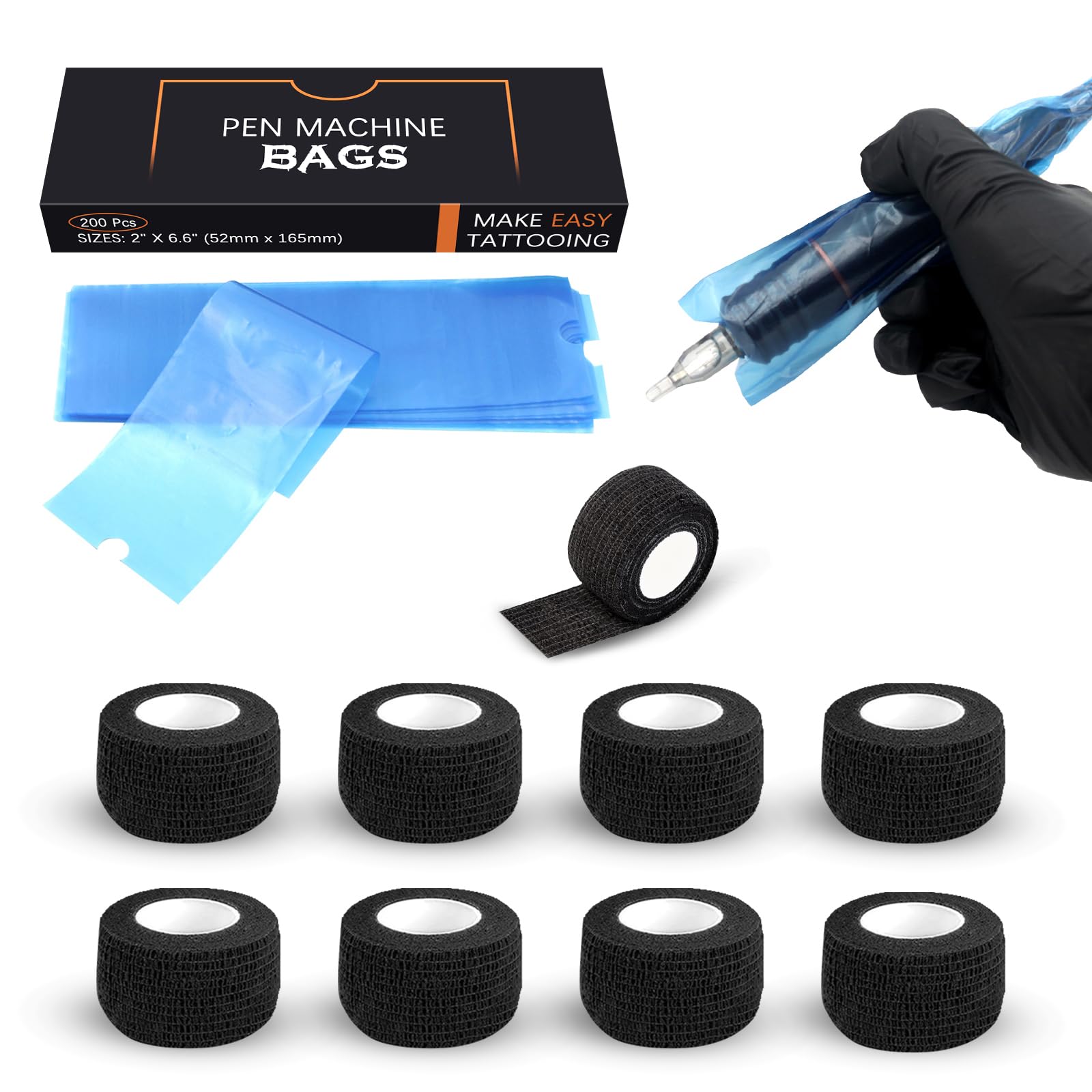 EZ Tattoo Machine Covers with Grip Tapes - 9PCS (1inch x 5 Yard) Black Grip Wrap with 200pcs (2.0 inch X 6.4 inch) Blue Pen Covers